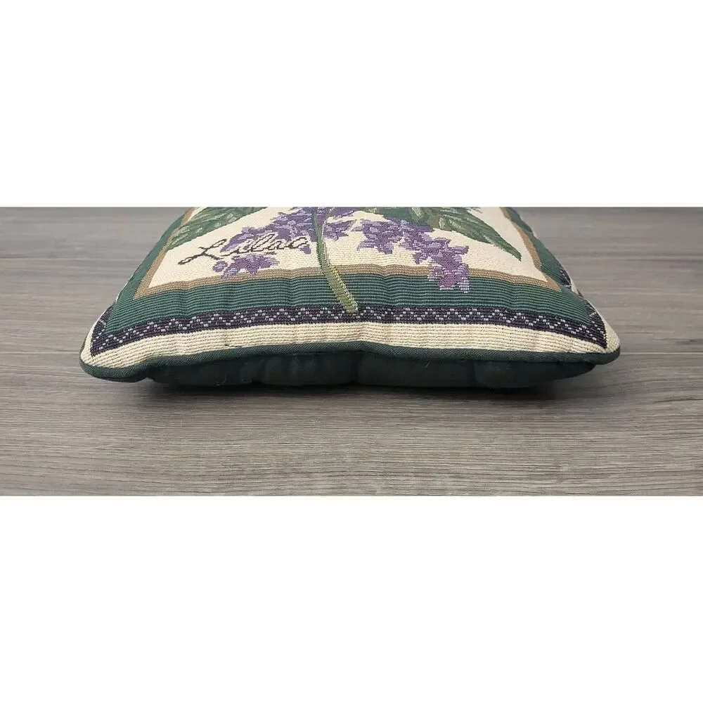 VTG Floral Tapestry Throw Pillow Purple Lilac Green Leaves Script Lettering